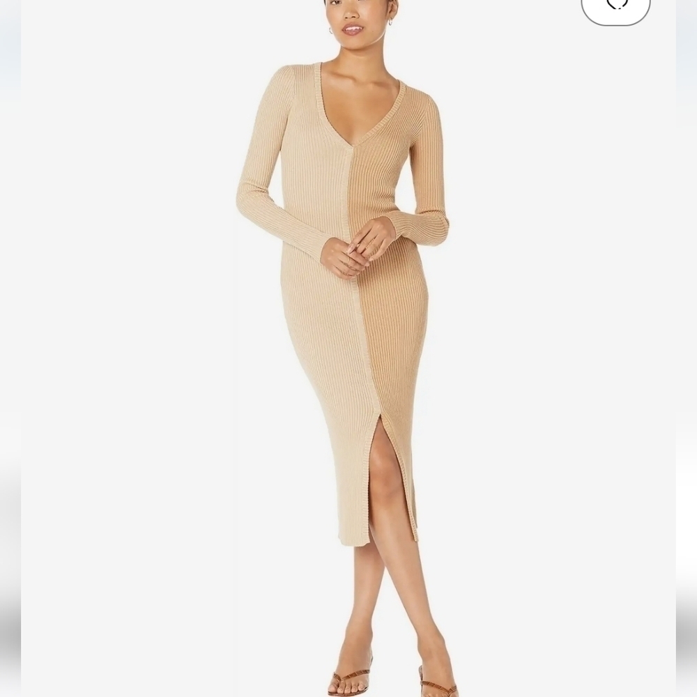 NWT Monrow Cardi Two-Tone Rib Knit Midi Dress Large Color-block Modal Cotton Tan - Picture 2 of 9